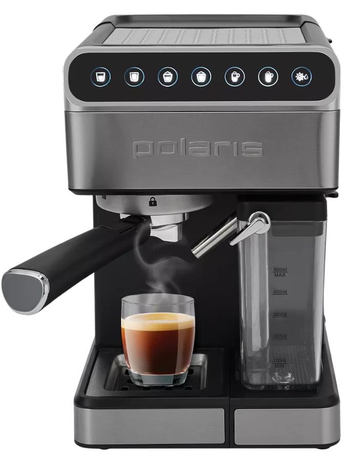 Изображение Кофеварка Polaris PCM 1535E черный/серебристый (рожковая//1400 Вт )