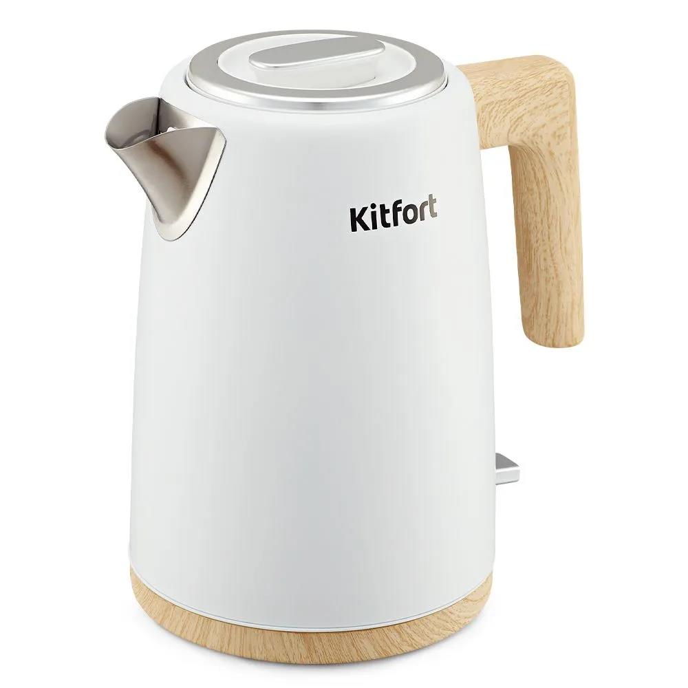 Изображение Электрический чайник Kitfort КТ-6794 (2200 Вт/1,7 л /нержавеющая сталь, дерево/белый, дерево)