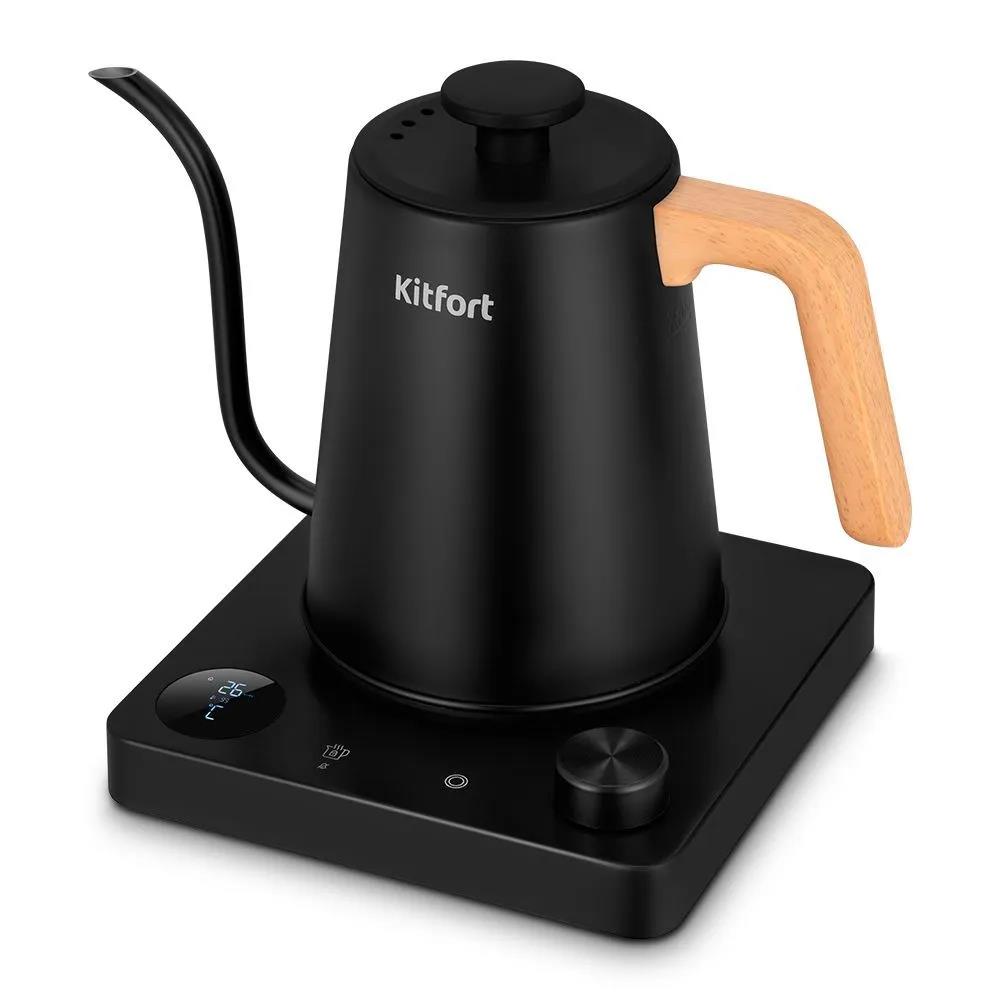 Изображение Электрический чайник Kitfort КТ-6726 для варки кофе (1200 Вт/1 л /нержавеющая сталь/черный, дерево)