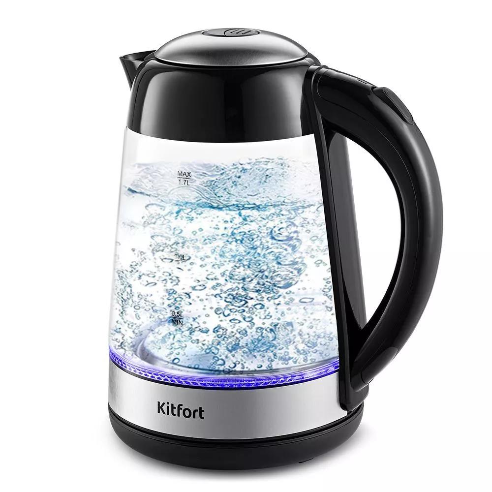 Изображение Электрический чайник Kitfort КТ-6125 (2000 Вт/1,7 л /стекло, пластик, нержавеющая сталь/прозрачный, черный, серебристый)